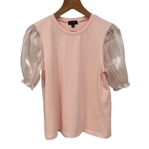 ONTWELFTH sz Small Jrs Top w Sheer Shimmery Balloon Short Sleeves Peachy